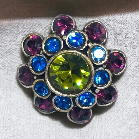 Vintage Blue Purple Green Rhinestone Silver Tone Brooch - Picture 2 of 7